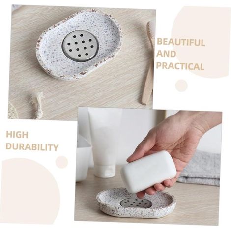Terrazzo-Seifenschale mit Edelstahl-Abtropffläche Beige Seifenhalter Naturstein Beige für Badezimmer Waschbecken und Küche Abtropfdesign für und (1/4)