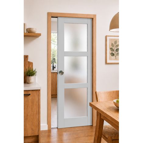 Porte Coulissante Greyria Gris Clair Vitrée H204 X L73 Cm, Galandage, Kit Finition (coquille Et Tire Doigt) Gd Menuiseries (1/4)