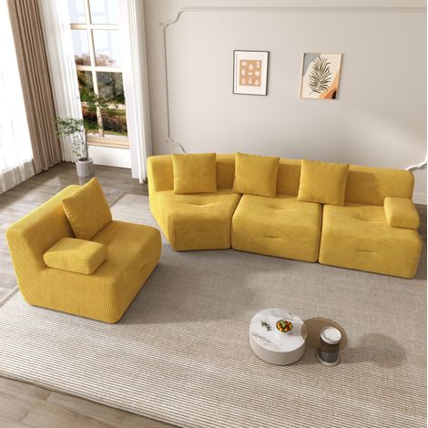 Divano modulare a 4 posti 311x90x65 cm, 4 moduli separati, senza montaggio, tessuto a coste, giallo brillante (1/5)