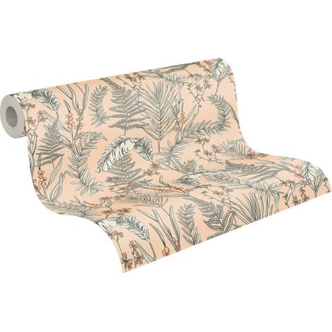 papier peint feuilles tropicales rose, beige, blanc, noir et orange - Livingwalls (1/5)
