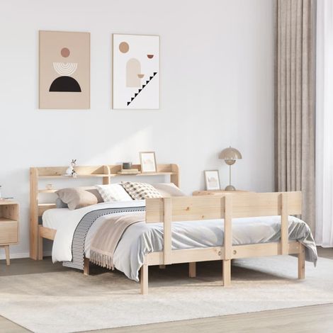 Cadre de lit en bois de pin massif 120x190 cm avec tête de lit sur pied et étagères de rangement (1/4)