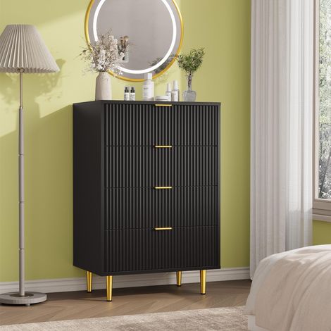 Commode 4 tiroirs noire en bois façade cannelée 60P x 39,5l x 93,6H, poignées et pieds métal chambre salon (1/5)