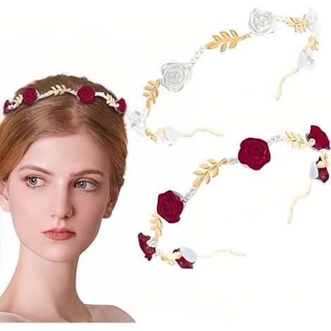 2er-Set Damen-Haarbänder, rot-weißes Rosen-Perlenhaarband, griechisch-römisches Haarband, Kronenfrisur (1/4)