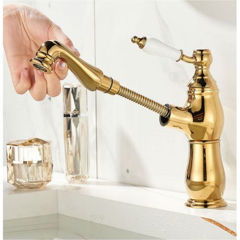 Robinet Mitigeur Lavabo avec Douchette Extractible - Or Rose/Champagne - Eau Chaude & Froide Haute Pression - Design Moderne pour Salle de Bain - Installation Facile (1/4)
