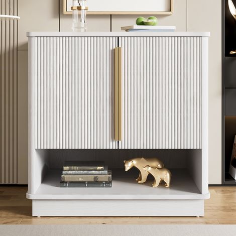 Zapatero con 2 puertas, compartimento abierto y tiradores dorados – Compacto – 60 x 40 x 61 cm – Blanco efecto madera