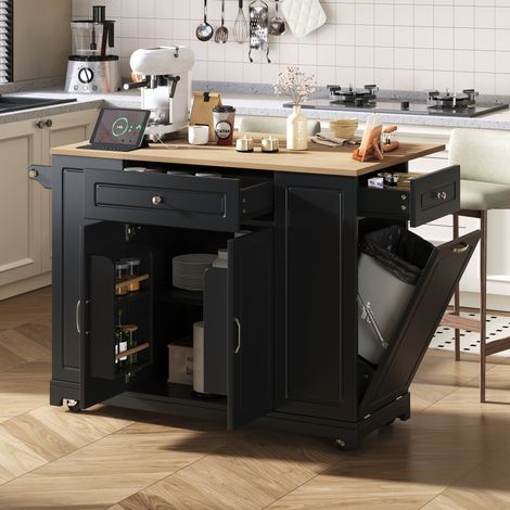 MEUBLIV Îlot de cuisine sur roulettes noir avec plateau extensible, prises intégrées et rangement (1/5)