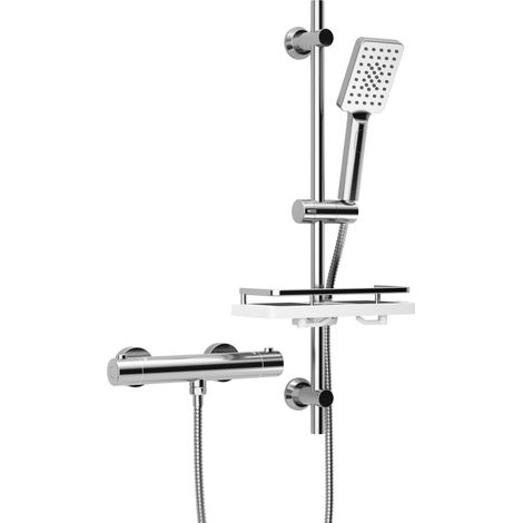 Colonne de Douche avec Mitigeur Thermostatique, Ensemble de Douche en Acier inoxydable avec Douchette et Tuyau, Barre de Douche 70 cm avec Étagère de Douche Chromé (1/5)