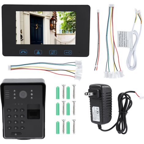 Sonnette vidéo avec empreinte digitale 7 pouces, interphone filaire 2.4GHz, caméra de porte numérique visible, prise US. (1/5)