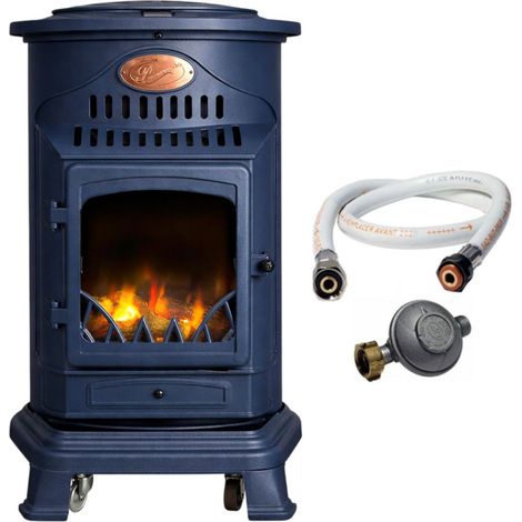 Poele à gaz 3,4KW Bleu Saphir Mat Effet poêle à bois Fonte véritable + Tuyau gaz + détendeur butane Provence Sahara