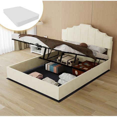 Letto contenitore moderno in tessuto beige 140x200 cm con testiera imbottita, alzata idraulica e materasso incluso