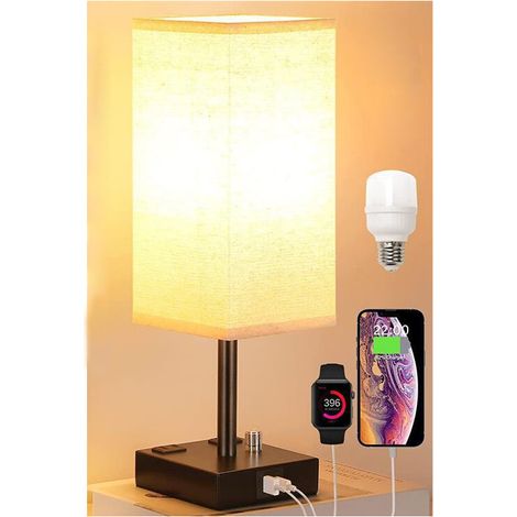 UlisemLampe de Chevet Tactile avec Ports de Charge USBx2, Intensité Variable à 3 Voies, Abat-jour en Tissu Base de art du fer, Lampe de Table pour Salon Chambre Hôtel(Ampoule Incluse) [Classe énergéti (1/4)