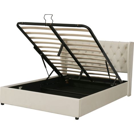 Polsterbett beige 180x200 cm aus Samt mit Lattenrost und hydraulischem Bettkasten (1/5)
