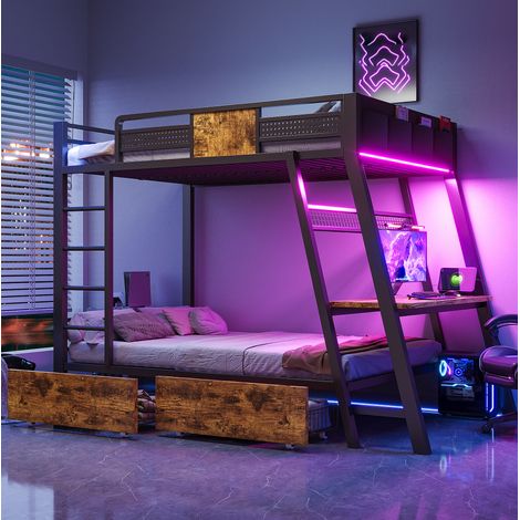Letto a castello 90 x 200 cm con scrivania, LED, prese USB e Type-C, nero OKMYHOME (1/5)