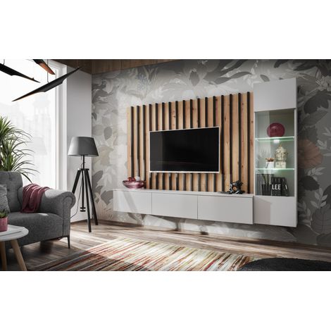 Ensemble meuble TV "Verti" - Blanc/Beige - L 220 x H 148 x P 35 cm - Livraison gratuite