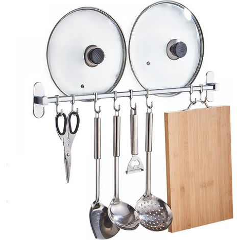 Porte-Casseroles Mural - Barre de Suspension Cuisine 40 cm - 6 Crochets Acier Inoxydable - Support Industriel Multifonction - Pour Cuisine Salle De Bain Salon - 1 Pièce