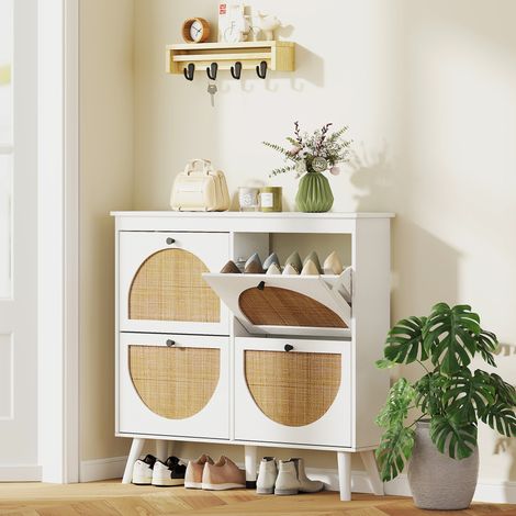 Meuble à chaussures 4 abattants 20 paires étagère réglable style bohème pieds en bois massif 105 x 24 x 97.5 cm blanc