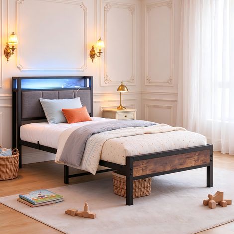 Lit 1 place 90x190 cm avec tête de lit rembourrée et éclairage LED RGB, cadre de lit métal et aspect bois, sommier inclus, pour chambre enfant et adulte, noir (1/5)