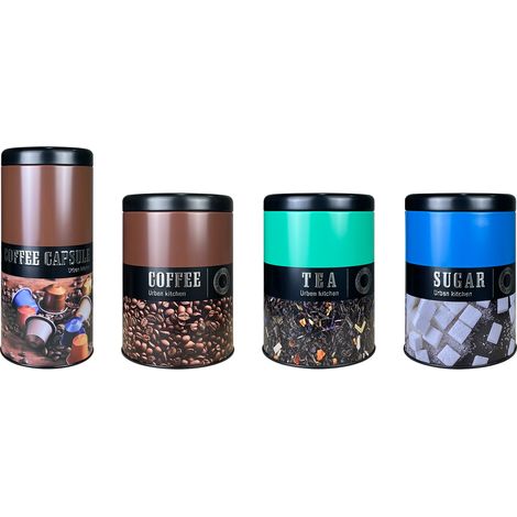 Contenitori Latta Cucina Contenitore Certificato Contatto Alimenti Barattoli Coperchio OrganizerCaffè,Thè,Zucchero,PortaCialde 4 Pezzi (1/4)