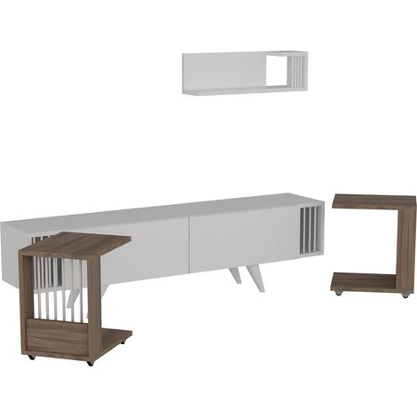 Mueble para TV con 2 mesas auxiliares y estante de pared efecto roble / blanco 030007756