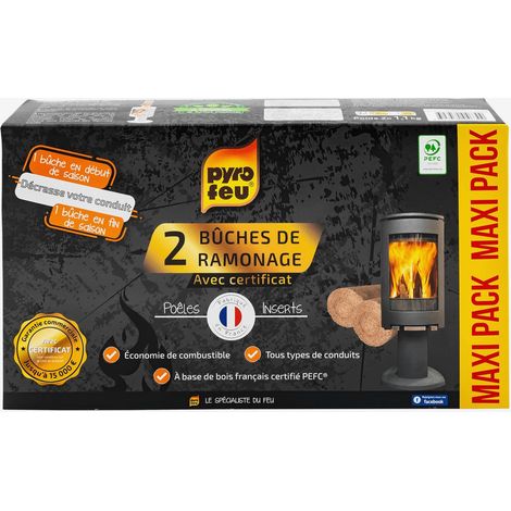 Pyrofeu – Lot de 2 bûches de ramonage pour insert – Nettoyage chimique efficace – Certifié PEFC – Pour tous conduits, y compris inox