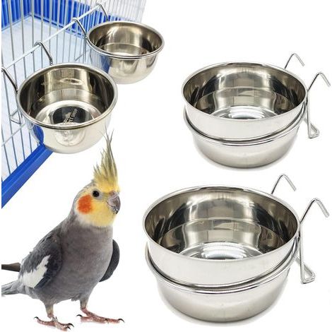 Lot de 2 Mangeoires Acier Inoxydable Crochet Suspension 4 Tailles Bol Nourriture Oiseau Perroquet Chien (1/5)