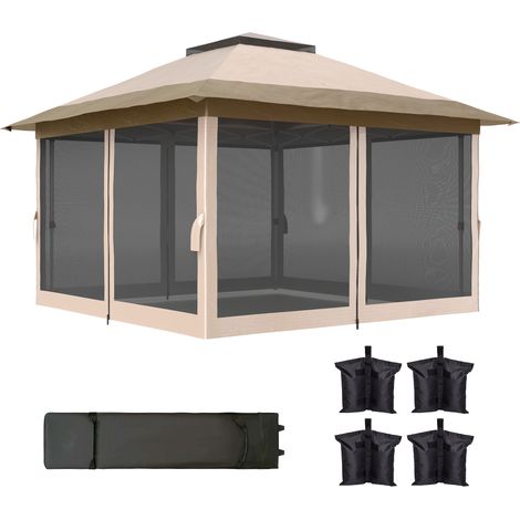 Cenador plegable 3,6x3,6 m con laterales malla UPF50+, altura ajustable, bolsa con ruedas y bolsas de arena beige (1/5)