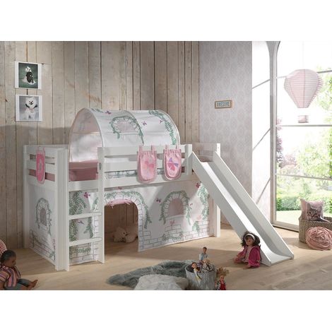 Cama de media altura 90x200 con tobogán, somier y funda Birdy Vipack Pino - Blanco (1/4)