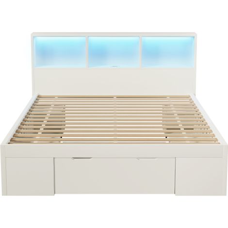 Lit double 140x200 cm blanc en bois avec rangement, 2 chevets amovibles, éclairage LED, ports USB et Type-C, cadre avec tiroirs et étagères, sans matelas (1/5)