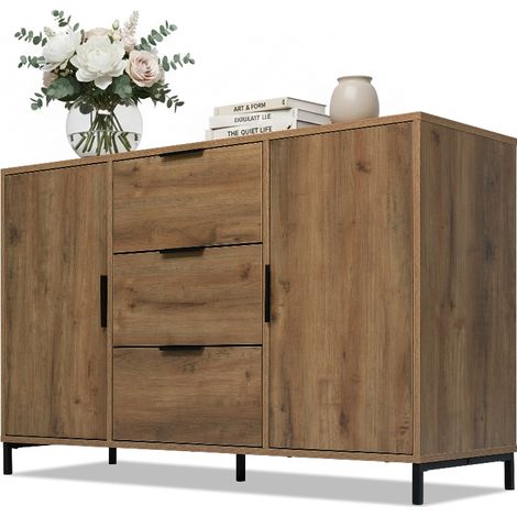 Kommode mit 2 Türen und 3 Schubladen, Sideboard im Industrial Style mit verstellbaren Einlegeböden, 120x40x76 cm, Dunkle Eiche und Metall (1/5)
