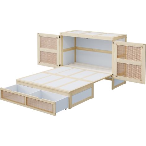 Letto a scomparsa 140 x 200 cm con rete a doghe, contenitore e rattan, color legno (1/5)