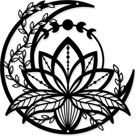 Phase de Lune avec Fleur de Lotus Décoration Murale en Métal, Décor Mural Suspendu de Style Mat Art Mural de Silhouette pour la Maison Jardin Hôtel (1/5)