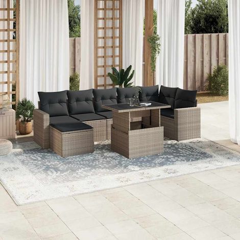 Salon de jardin 8 pièces en résine tressée gris clair, table relevable et coussins - PANGIVO (1/5)