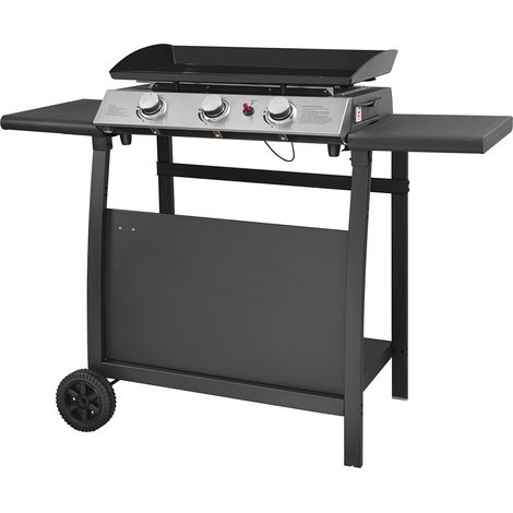 Happy Garden – Plancha à gaz 3 brûleurs 7,5kW – Chariot à roulettes – Surface de cuisson 62x33,5cm – Acier inoxydable et émaillé