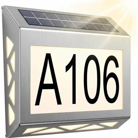 Numéro de maison solaire à LED en acier inoxydable - Numéro de maison éclairé par énergie solaire - Détection automatique du jour et de la nuit (1/5)