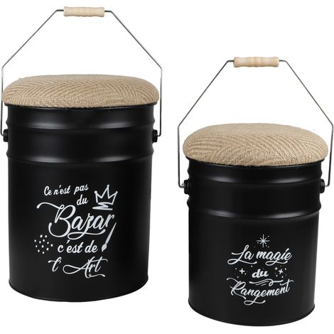 Lot de 2 pouf en forme de bidon rétro en métal et jute "Loft & Metal" - Noir - H 40/31 cm - Livraison gratuite