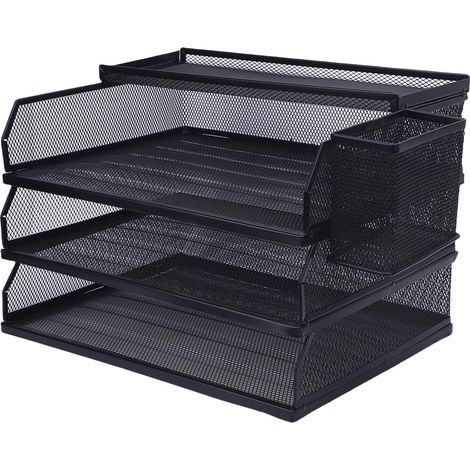 Organisateur Papier Bureau 3 Bacs Maille Métal Casier Courrier 3 Niveaux Trieur Dossiers A4 avec Coffret Haut Porte-Stylos Maison École (1/5)
