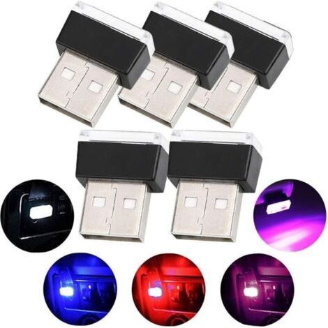 Lumières intérieure de Voiture USB, 5 pièces Universel Mini LED lumières, Lumières D'ambiance LED de Voiture(5 Couleurs, Rouge/Bleu/Rose/Blanc/Bleu Glacier)