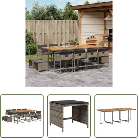 vidaXL Set comedor de jardín con cojines 13 pzas ratán sintético gris (1/5)