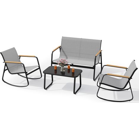 Conjunto de Muebles de Jardín para 4 Personas Bealife Salón en Textilene con 1 Sillón 2 Mecedoras Individuales y 1 Mesa de Cristal para Patios Zonas de Piscina Gris (1/5)