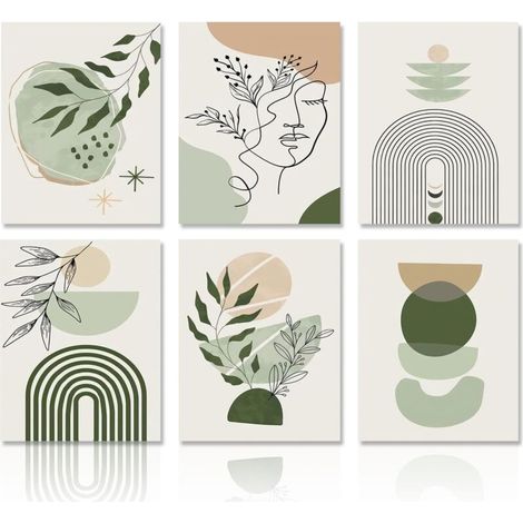 Boho Sage Green Decorative Wall Art Poster, Minimalist Abstract Geometric Wall Poster for Bedroom or Living Room, 20x25cm, Unframed, Set of 6 (1/5)