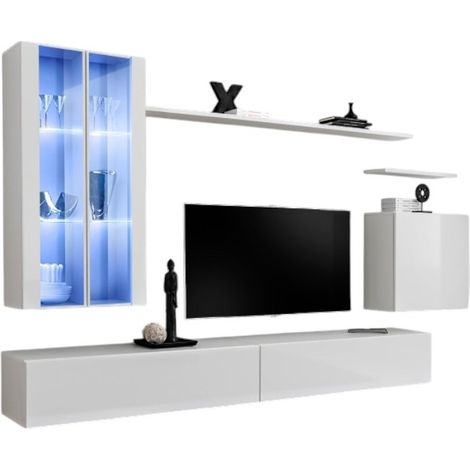 Composición mural SWITCH XII mueble TV suspendido blanco brillante 270 cm con LED