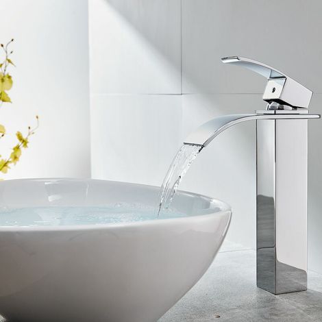 Miscelatore per lavabo a cascata cromato con beccuccio alto, rubinetto per lavabo da appoggio, rubinetto quadrato in ottone per lavabo da bagno
