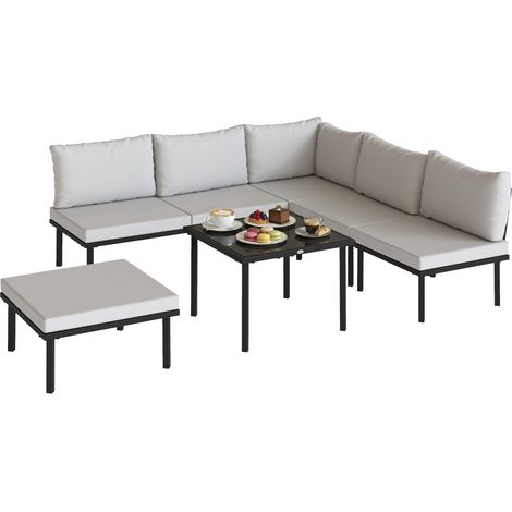 Ensemble de mobilier de jardin en métal pour 6 personnes, canapé d'angle avec coussins, gris clair