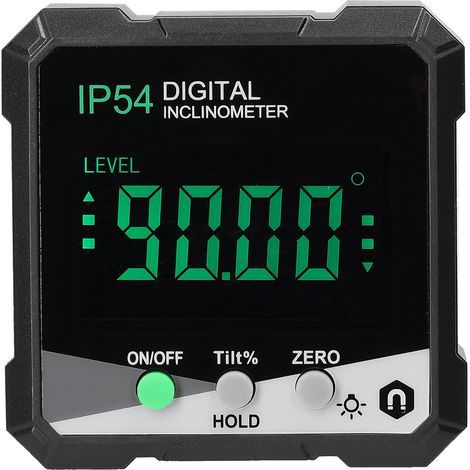 Inclinómetro digital portátil IP54, 490°, retroiluminación LCD, transportador de ángulos digital, imán de un solo lado, modos de medición absolutos y relativos, retención de datos. (1/5)