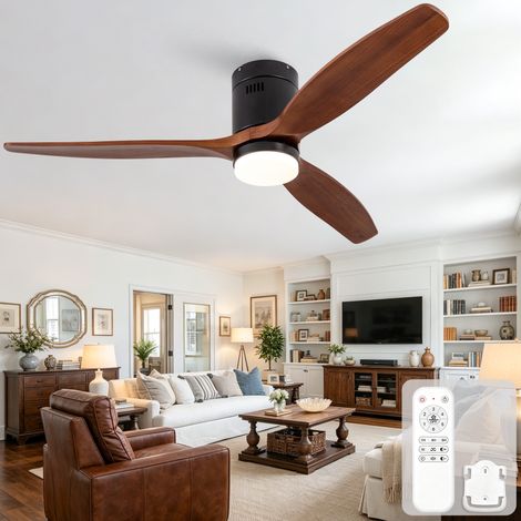 Ventilateur de Plafond 132cm 52" Bois Massif Noyer avec LED Dimmable Moteur DC Silencieux Réversible Plafonnier avec Télécommande pour Salon Chambre