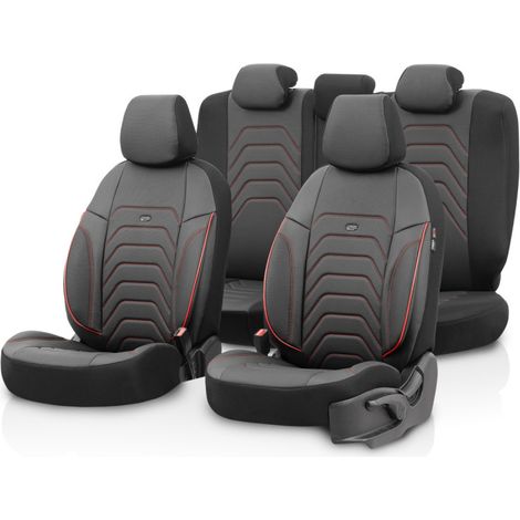 Komplettset Luxus-Polsterung OTOM aus Textil mit Kunstleder CORE Design – Schwarz mit roter Naht, für Vorder- und Rücksitze