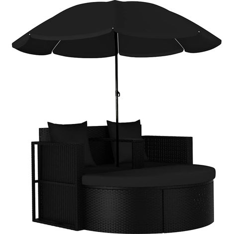 vidaXL Lit de jardin avec parasol Résine tressée Noir (1/5)