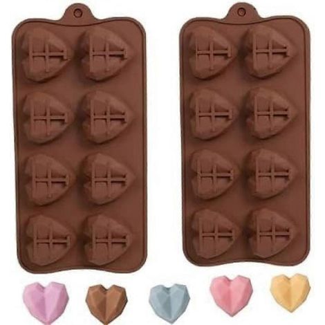 Moule en silicone en forme de cœur, moule à chocolat en forme de cœur diamanté, lot de 2 - 8 cavités, moule en silicone pour mousse, gâteau, bonbons et gelée, outil de pâtisserie DIY pour la Saint-Val (1/5)