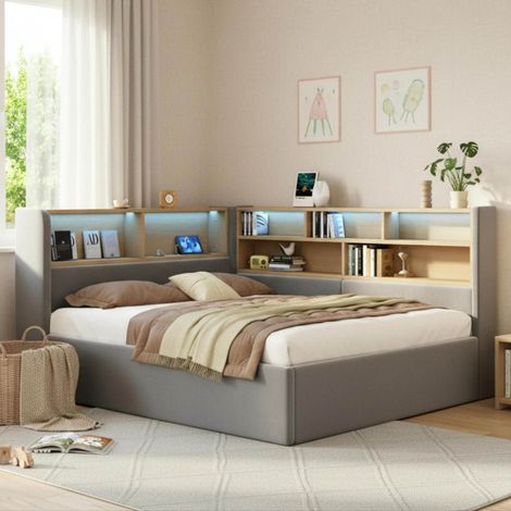 Lit banquette 225x160x90 cm velours gris, rangement, petit espace, sans matelas – MEUBLIV (1/5)