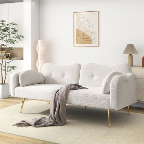 Sofá cama 2 plazas 175x79x82 cm de tela de felpa blanca, modular, FloraGrace (1/5)